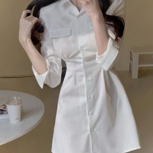 (三色)收腰襯衫連身傘裙