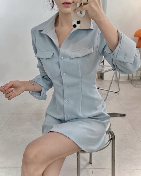 (三色)收腰襯衫連身傘裙：圖片 2